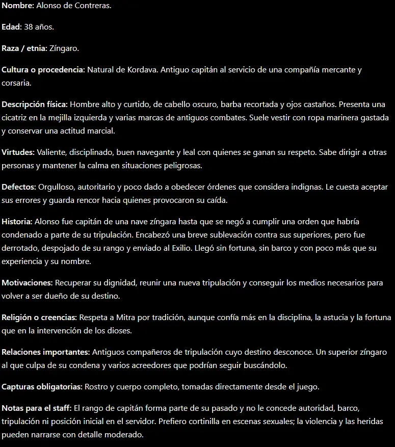 Ejemplo de una ficha de personaje preparada para enviar mediante ticket narrativo